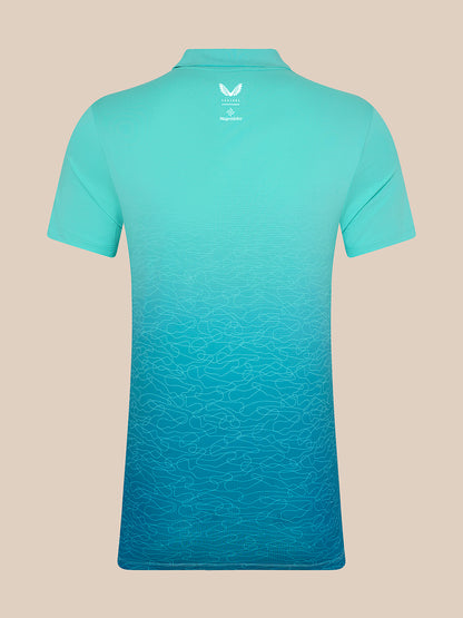Back view of light aqua Majesticks golf polo showing Castore and Majesticks logos on the upper back