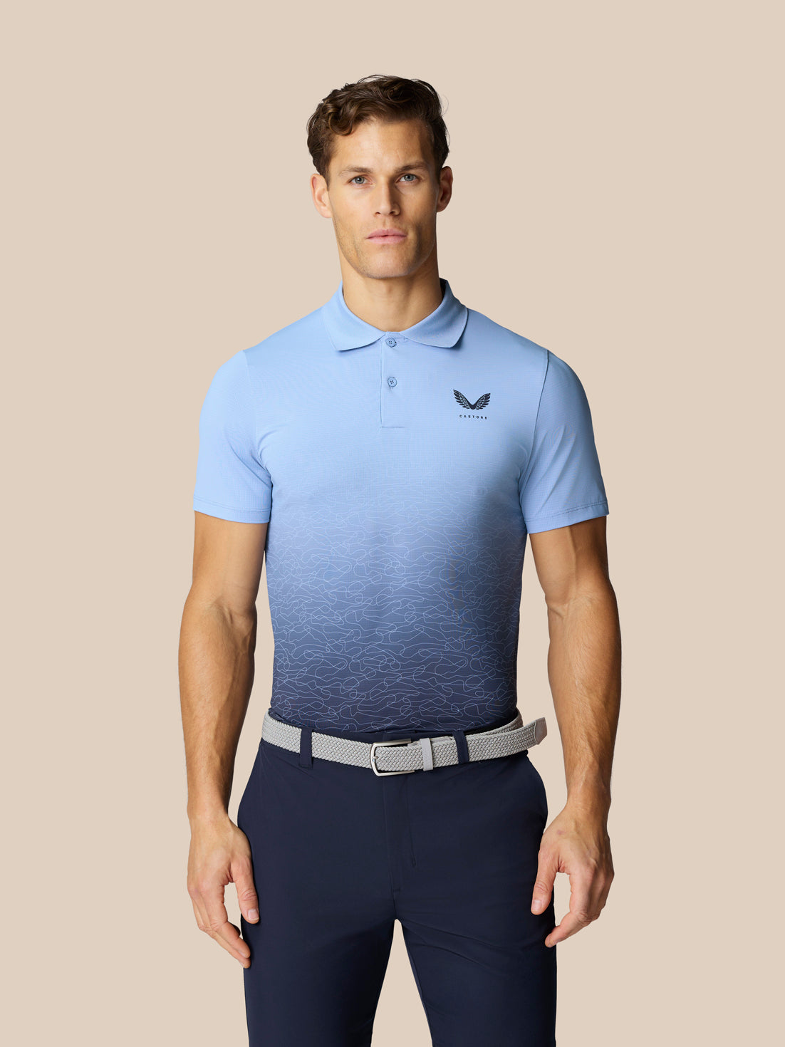 Club Graphic Polo in sky blue featuring gradient ombre pattern and left chest Castore logo
