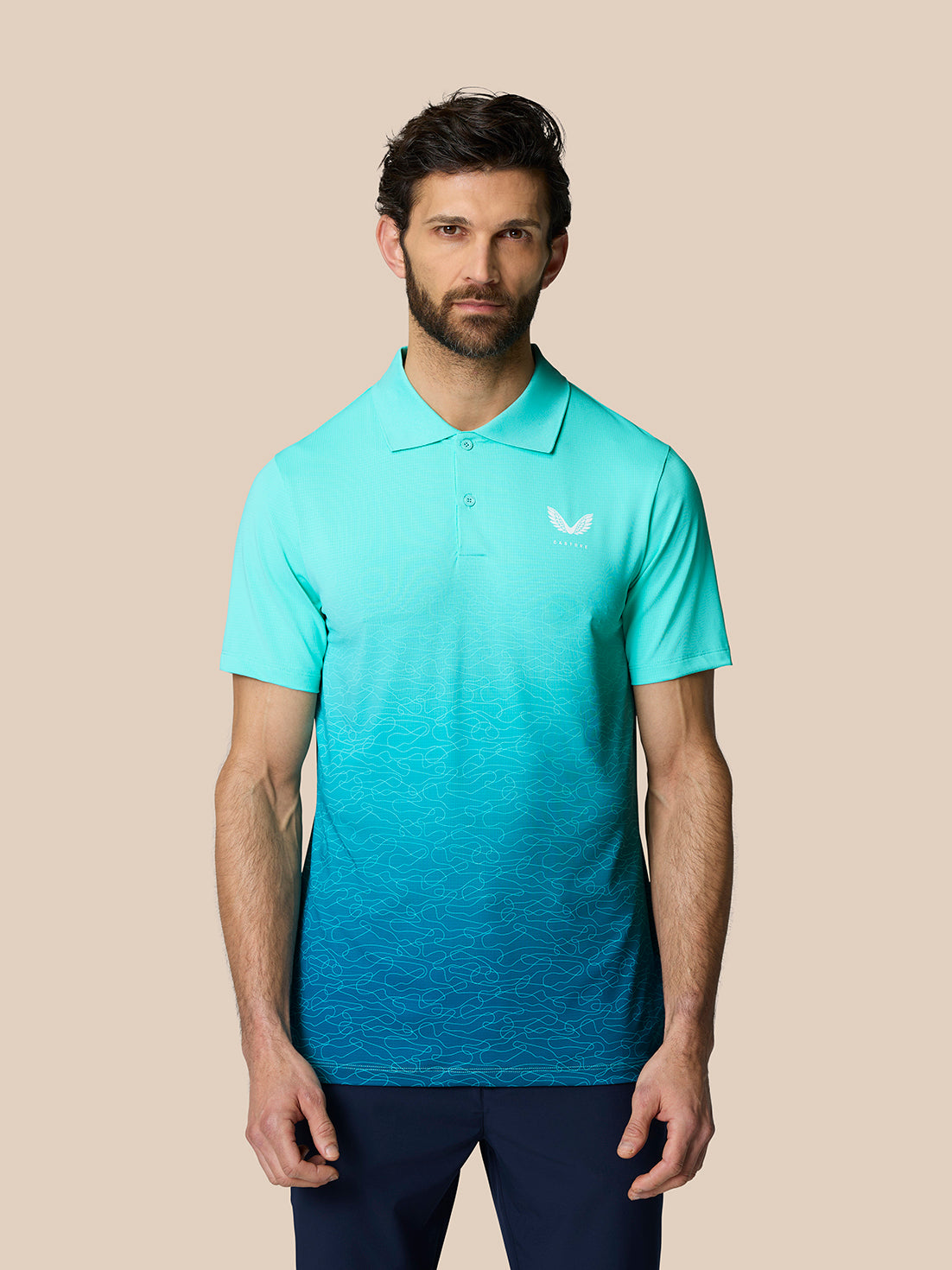 Front view close up of the light aqua Club Graphic Polo showing the collar and Castore logo on the chest