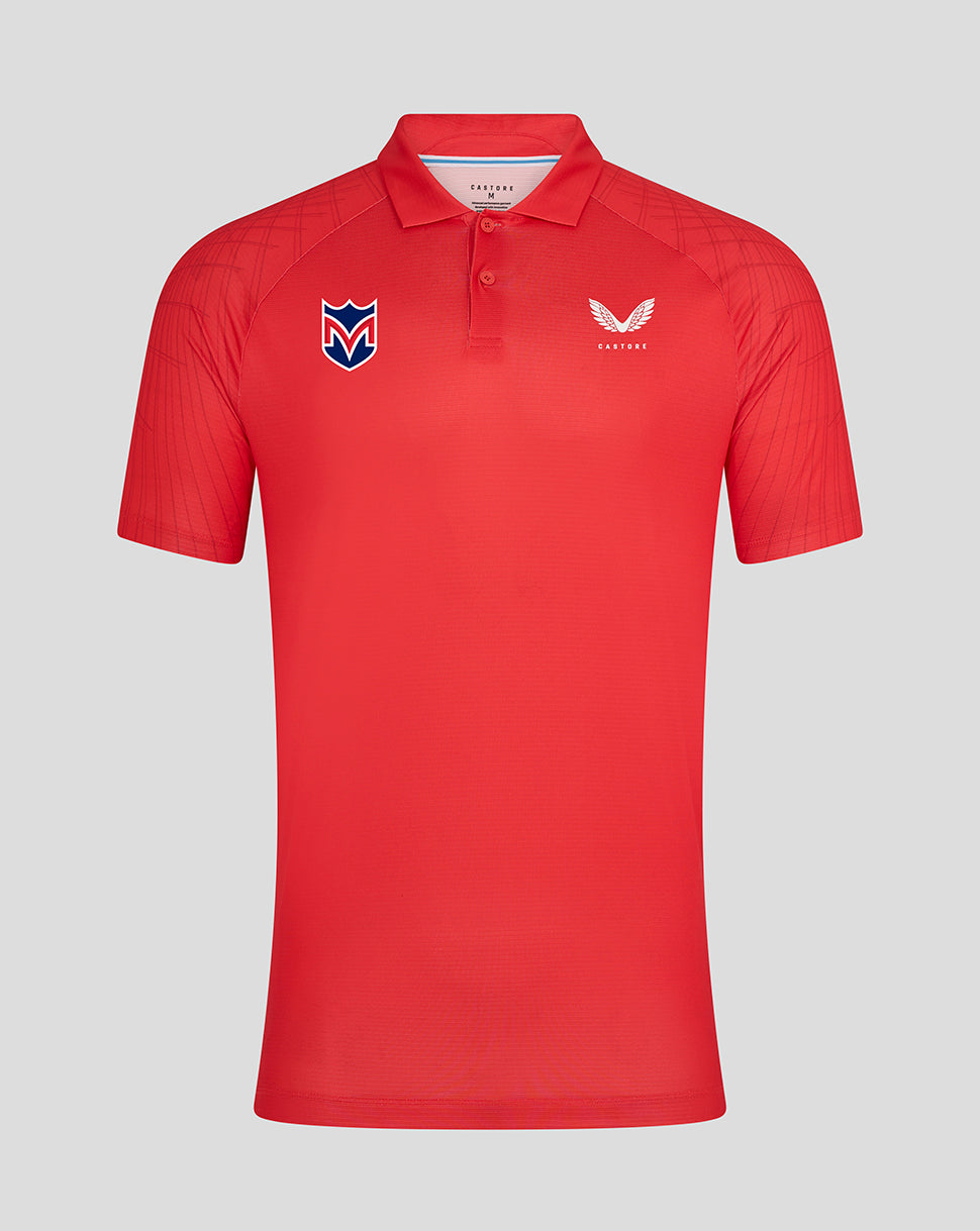 Red Majesticks Golf Club polo front view with left chest Majesticks crest and right chest Castore logo
