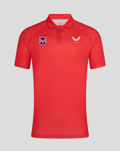 Red Majesticks Golf Club polo front view with left chest Majesticks crest and right chest Castore logo