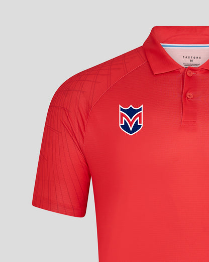 Poppy red Majesticks golf polo with shield logo on left chest and tonal shoulder pattern.