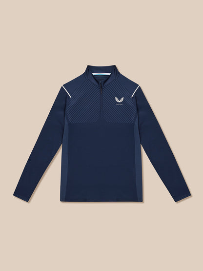 Flat lay navy Pinnacle LVS 1/4 Zip Top showing the quarter zip collar and left chest logo