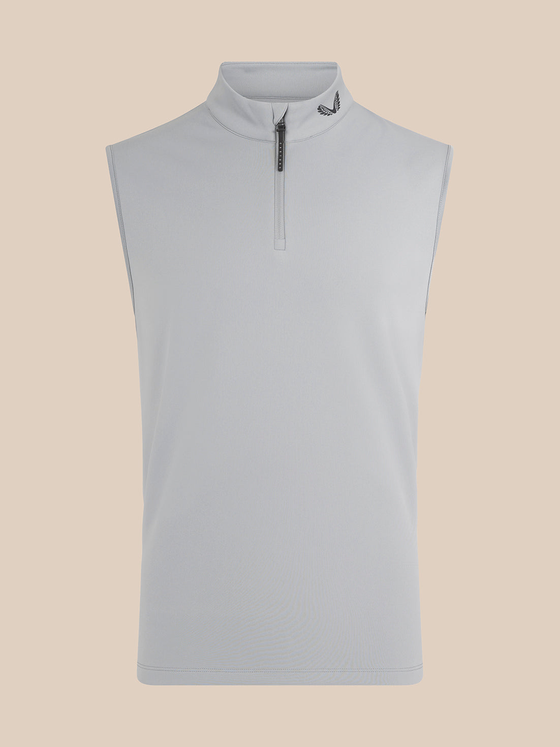 Light grey men's golf gilet with high neck and half zip, front view with Castore logo at the neckline