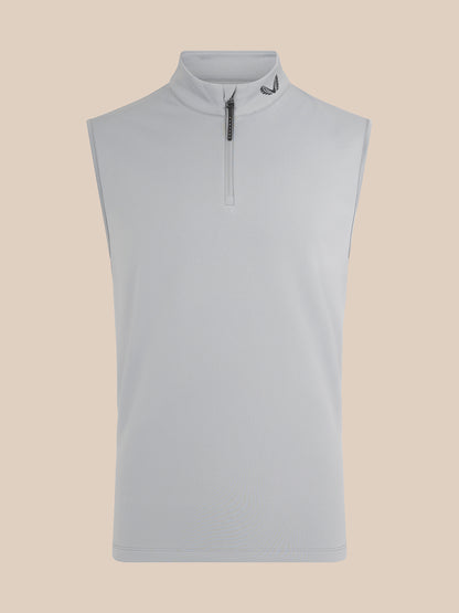 Light grey men's golf gilet with high neck and half zip, front view with Castore logo at the neckline