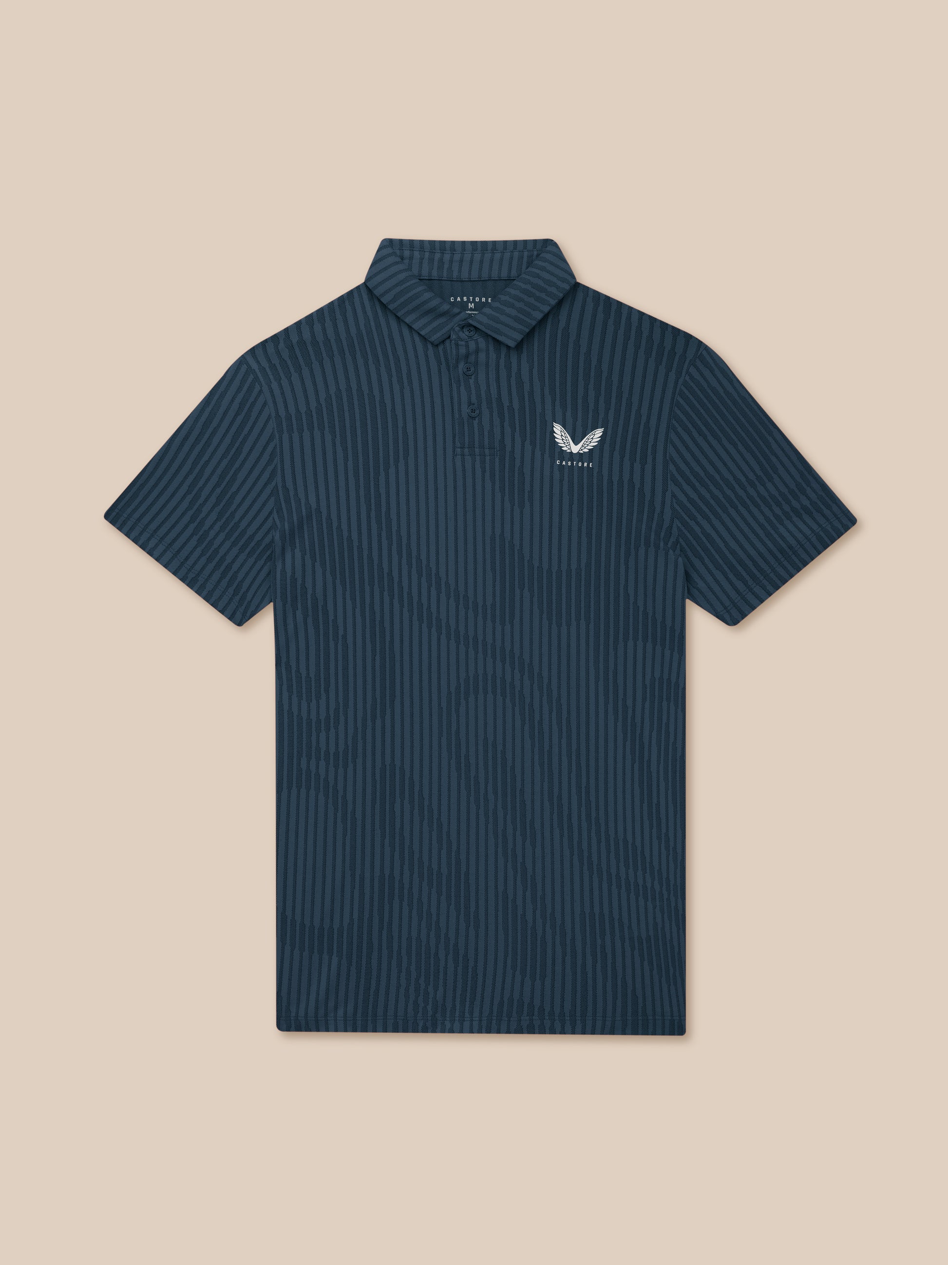 Midnight Navy golf polo with a striped knit pattern, polo collar and button placket, Castore logo on left chest.