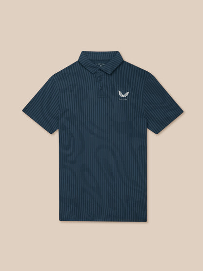 Midnight Navy golf polo with a striped knit pattern, polo collar and button placket, Castore logo on left chest.