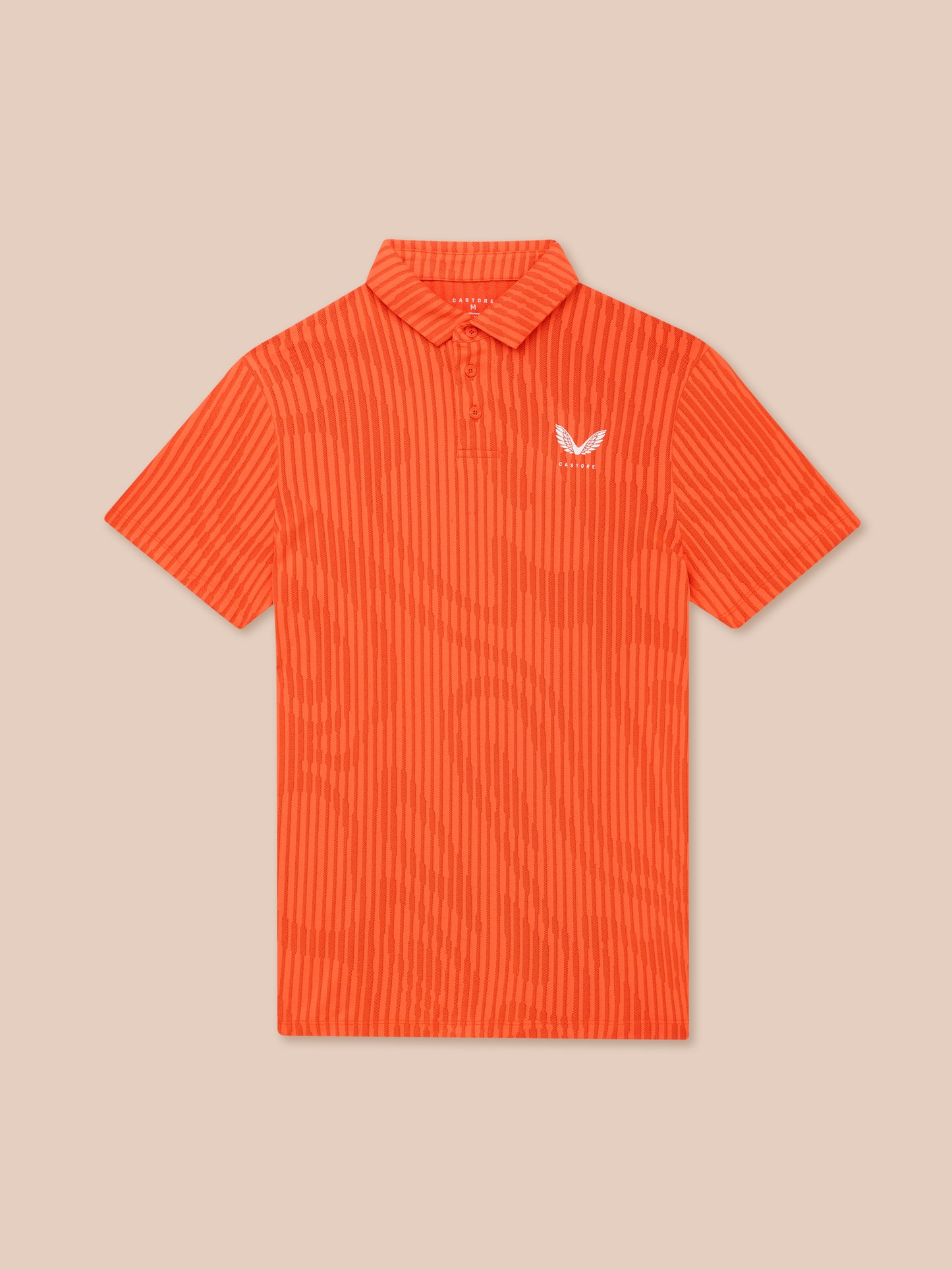 Bright orange striped Golf Pinnacle Glow Polo shown from above with collar and left chest Castore logo