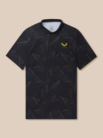 Dark printed golf polo laid flat showing all over pattern and yellow accents with Castore logo.