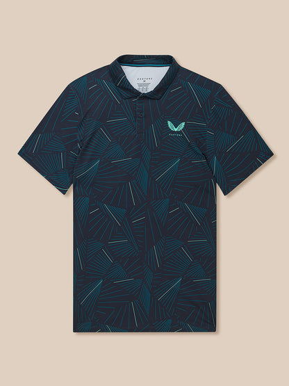 Front view of midnight navy polo with aqua geometric print and Castore logo on left chest.