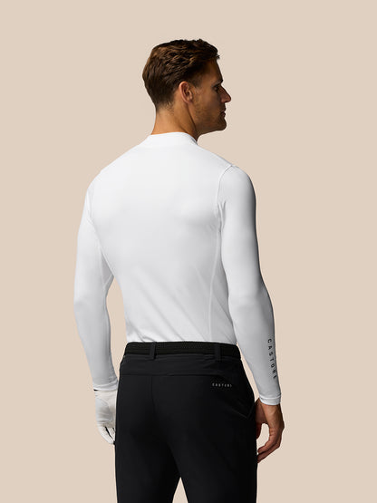 Back view of a male model wearing a white Golf Club Long Sleeve Thermal Mock Neck top.