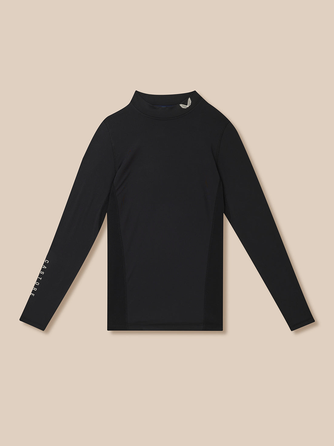 Flat lay of black Golf Club Long Sleeve Thermal Mock Neck top with Castore branding on the sleeve
