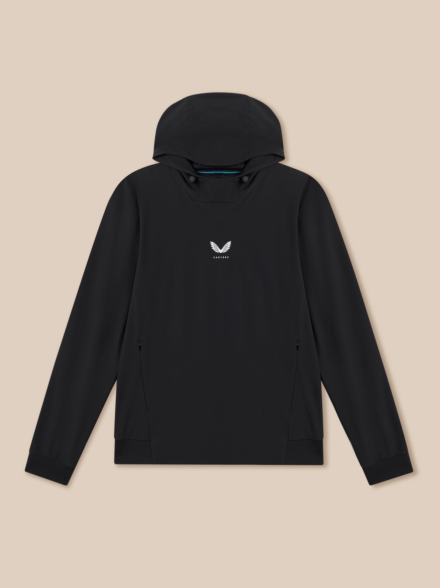 Front view of a black Golf Pinnacle Performance Hoodie with hood up and Castore logo at center chest