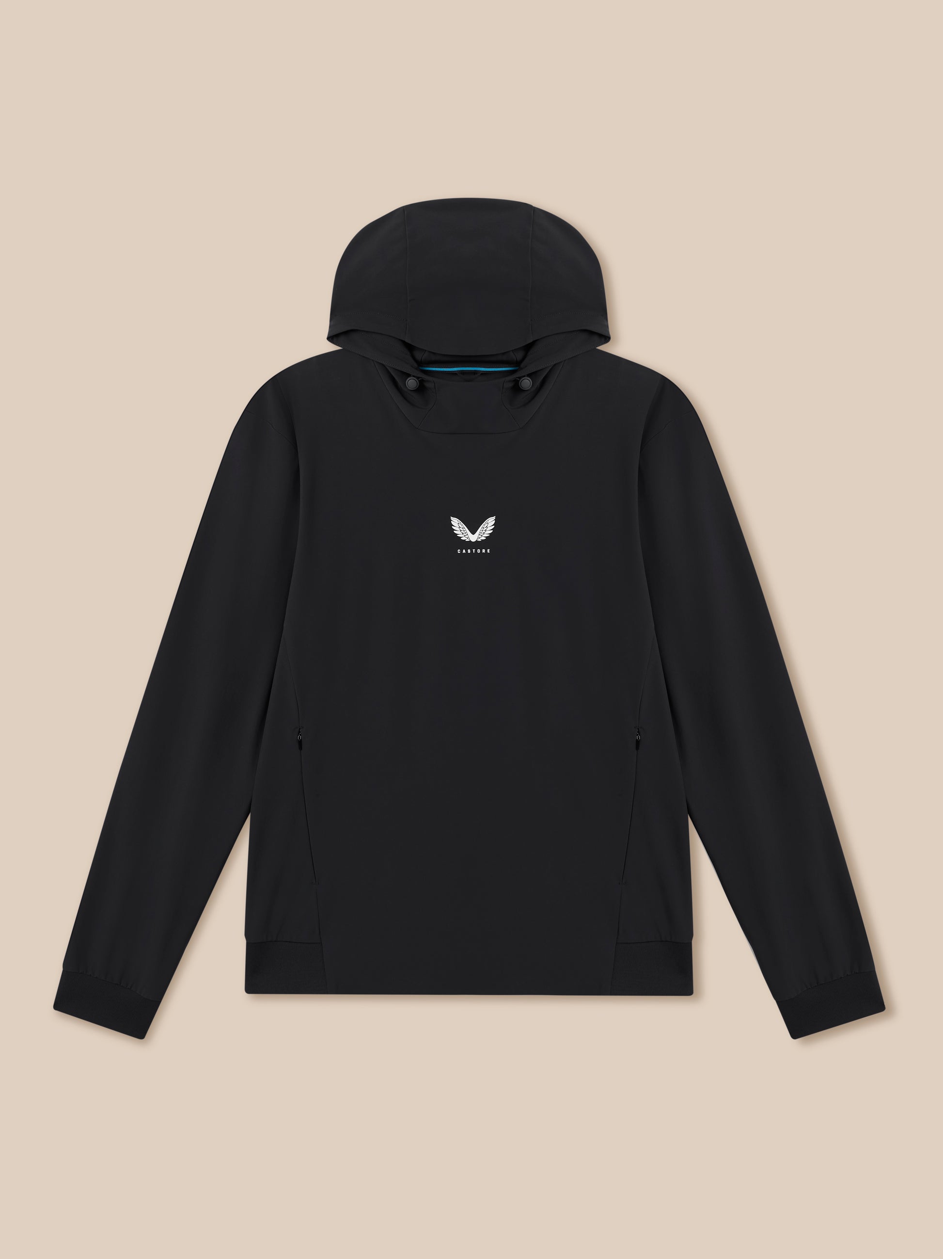 Front view of a black Golf Pinnacle Performance Hoodie with hood up and Castore logo at center chest