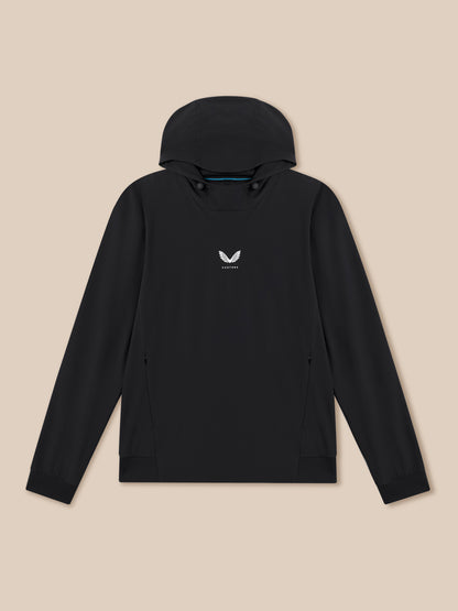 Front view of a black Golf Pinnacle Performance Hoodie with hood up and Castore logo at center chest