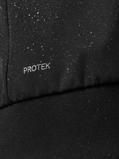 Close-up of black jacket fabric with water droplets and PROTEK branding