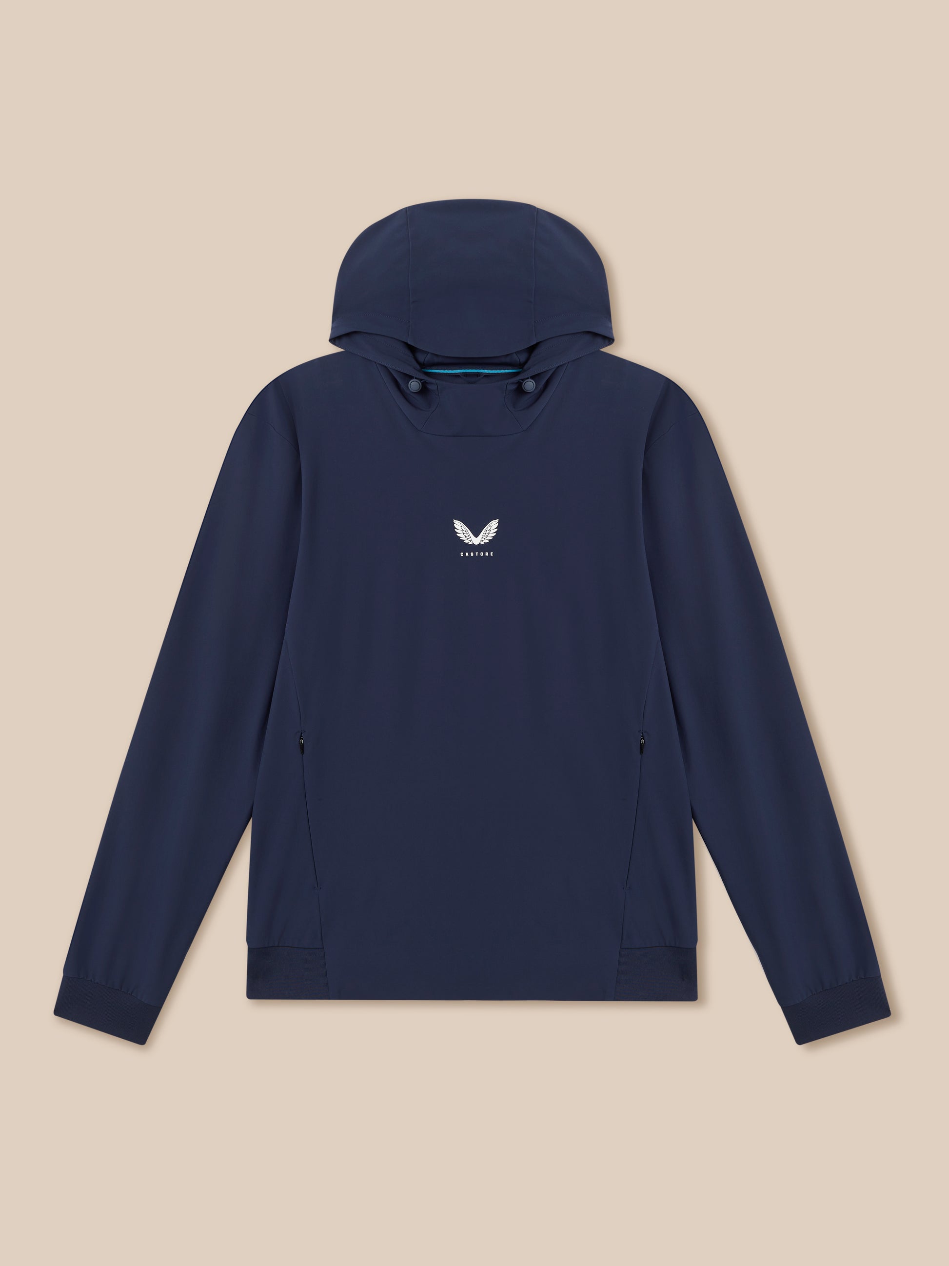 Back view of the Midnight Navy Pinnacle Performance Hoodie with hood up and a small Castore logo on the back