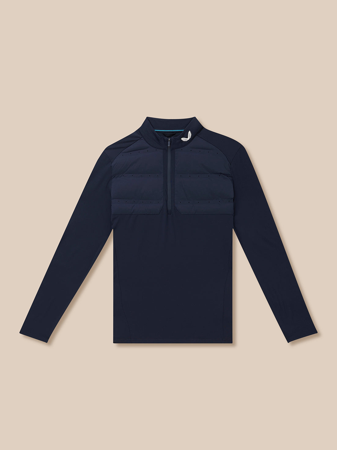 Front view of midnight navy Golf Pinnacle LVS Hybrid half zip top with padded chest panel and vent details