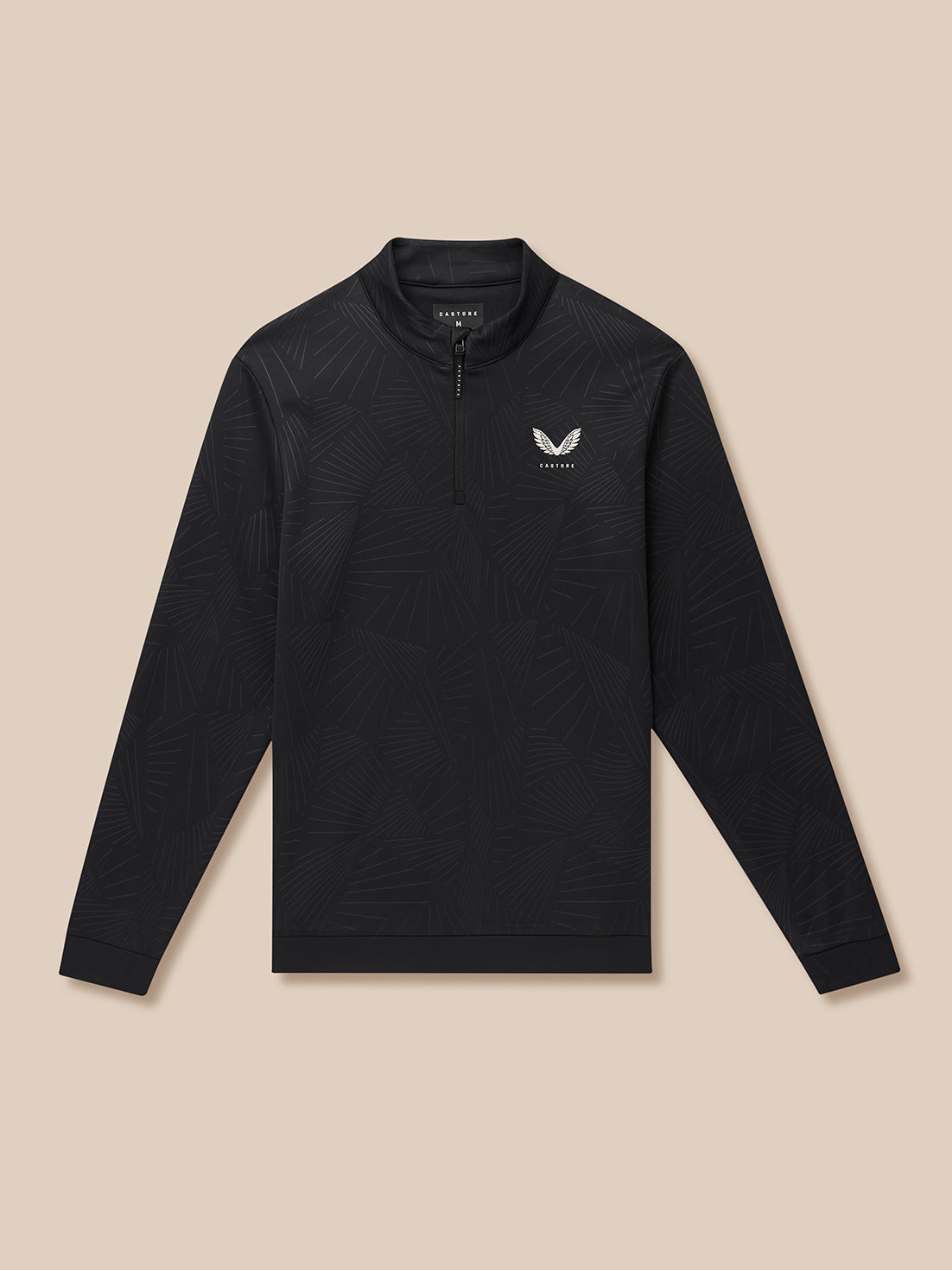 Black golf quarter-zip top with long sleeves and a subtle all-over line print, white Castore logo on the left chest