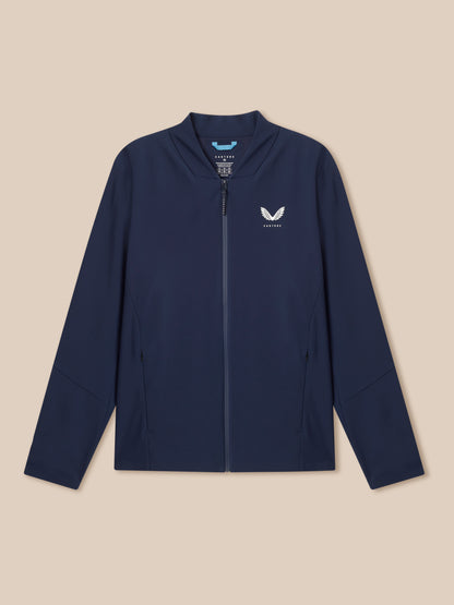 Front view of navy Layered Ventilation System jacket with zipper and left chest logo