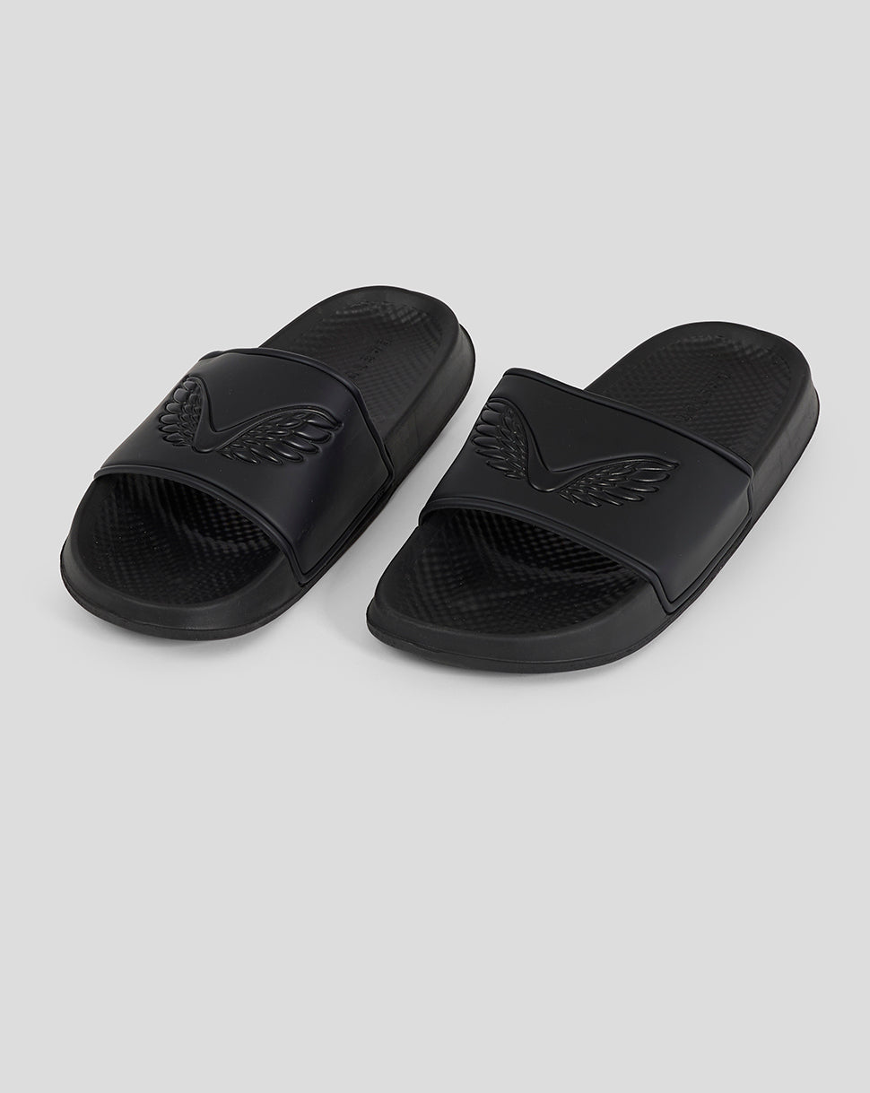 Pair of black Castore sliders with embossed wing emblem on the strap and the Castore word logo along the side