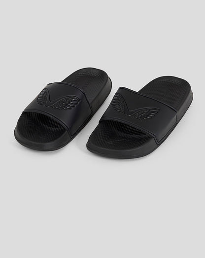 Pair of black Castore sliders with embossed wing emblem on the strap and the Castore word logo along the side