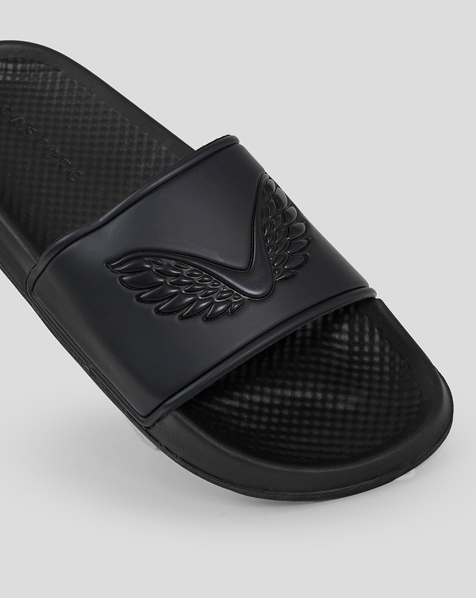 Black Castore Slider Caviar sandal with raised matte logo and Castore word branding along the strap
