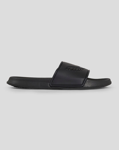 Side view of black Castore Slider Caviar sandal with embossed wing logo on the strap