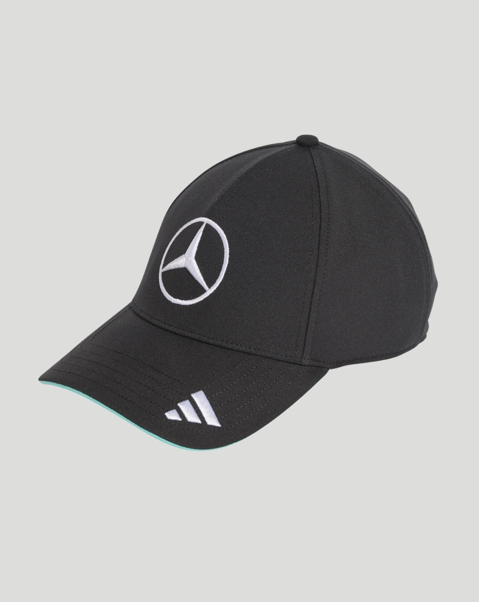Black Mercedes AMG Petronas F1 Team Driver Cap with white Mercedes emblem on front and teal underbrim