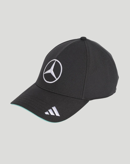 Black Mercedes AMG Petronas F1 Team Driver Cap with white Mercedes emblem on front and teal underbrim