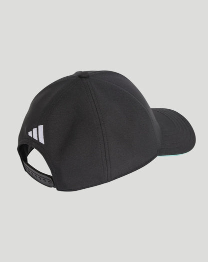 Rear view of black Mercedes AMG Petronas F1 Team Driver Cap with white Adidas logo and adjustable strap