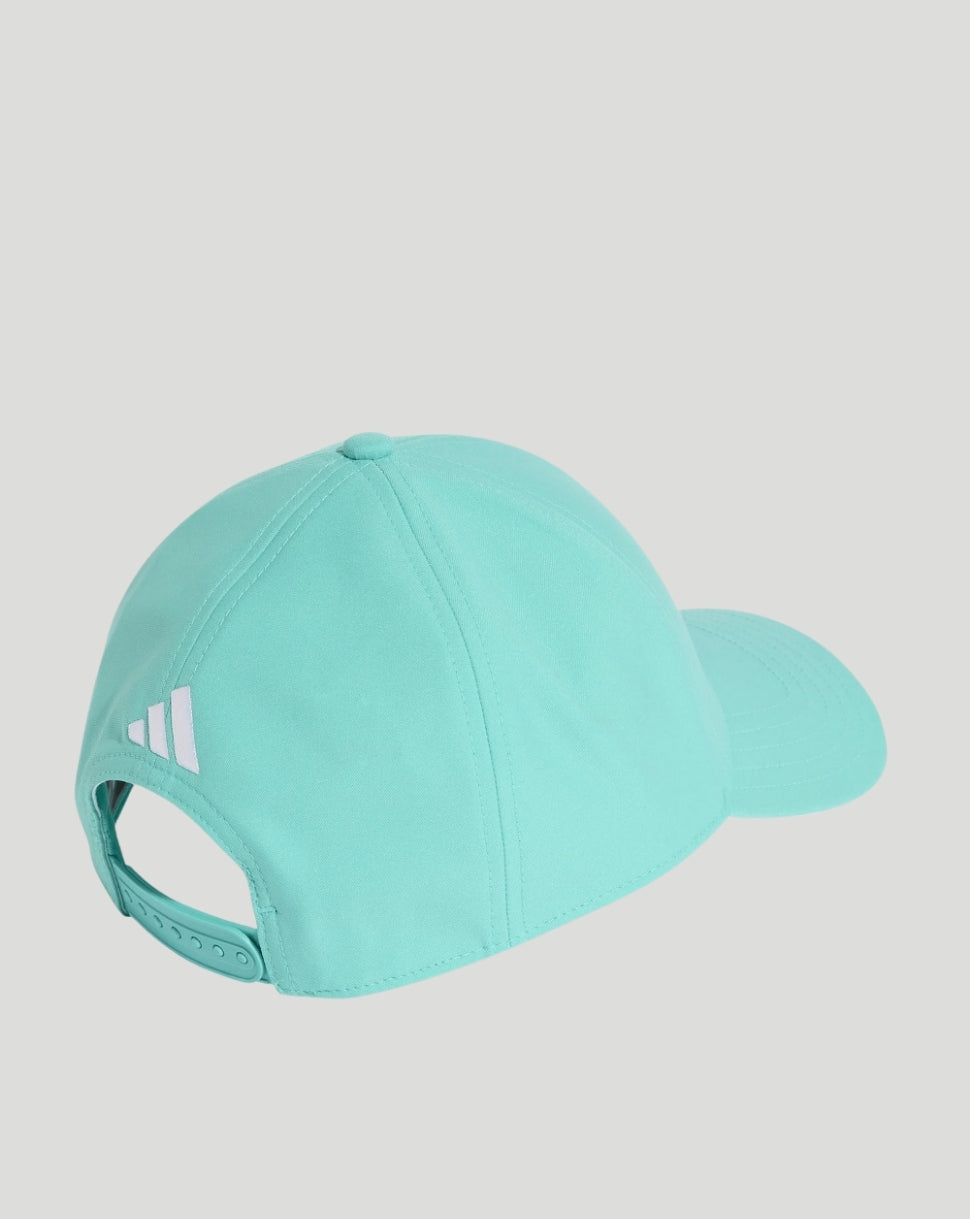 A mint green baseball cap shown from a side-back angle on a light gray background, featuring a white Adidas logo on the side and an adjustable strap at the back.
