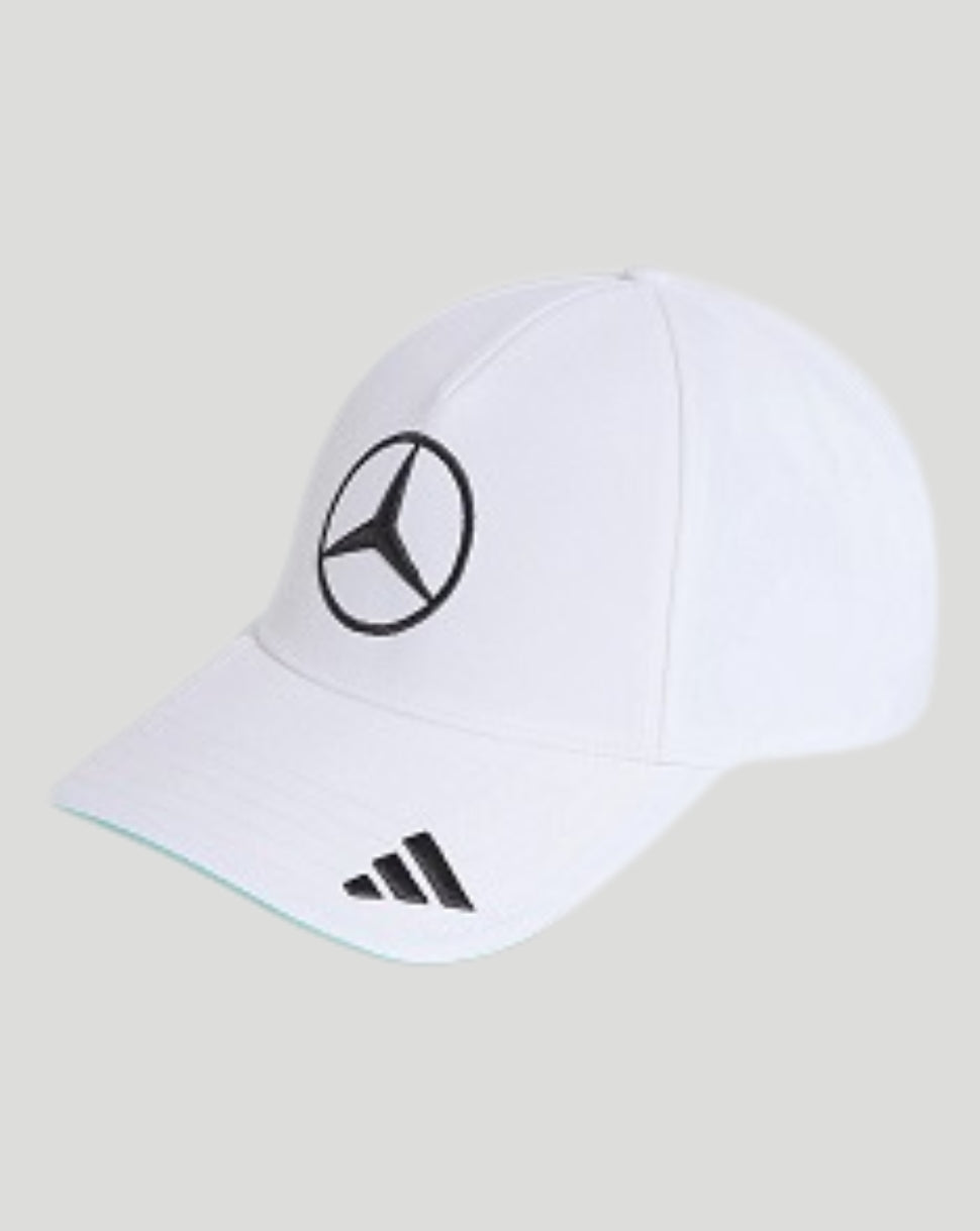 White Mercedes AMG Petronas F1 Team driver cap with front Mercedes emblem and Adidas logo on the brim.