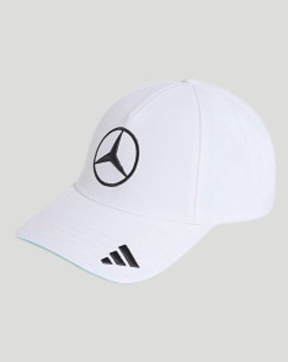 White Mercedes AMG Petronas F1 Team driver cap with front Mercedes emblem and Adidas logo on the brim.