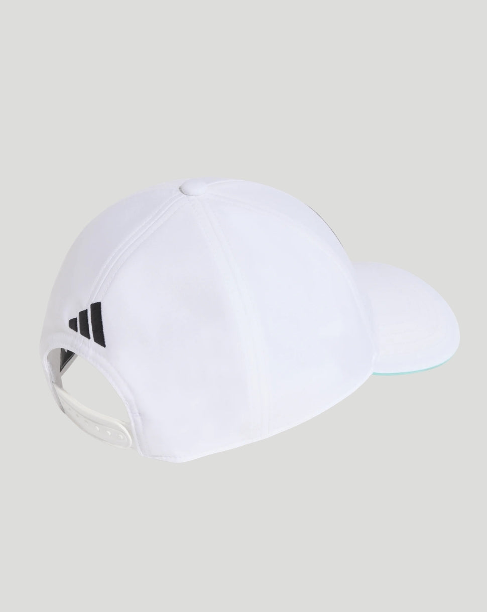 Back view of white Mercedes AMG Petronas F1 Team driver cap with adjustable strap.