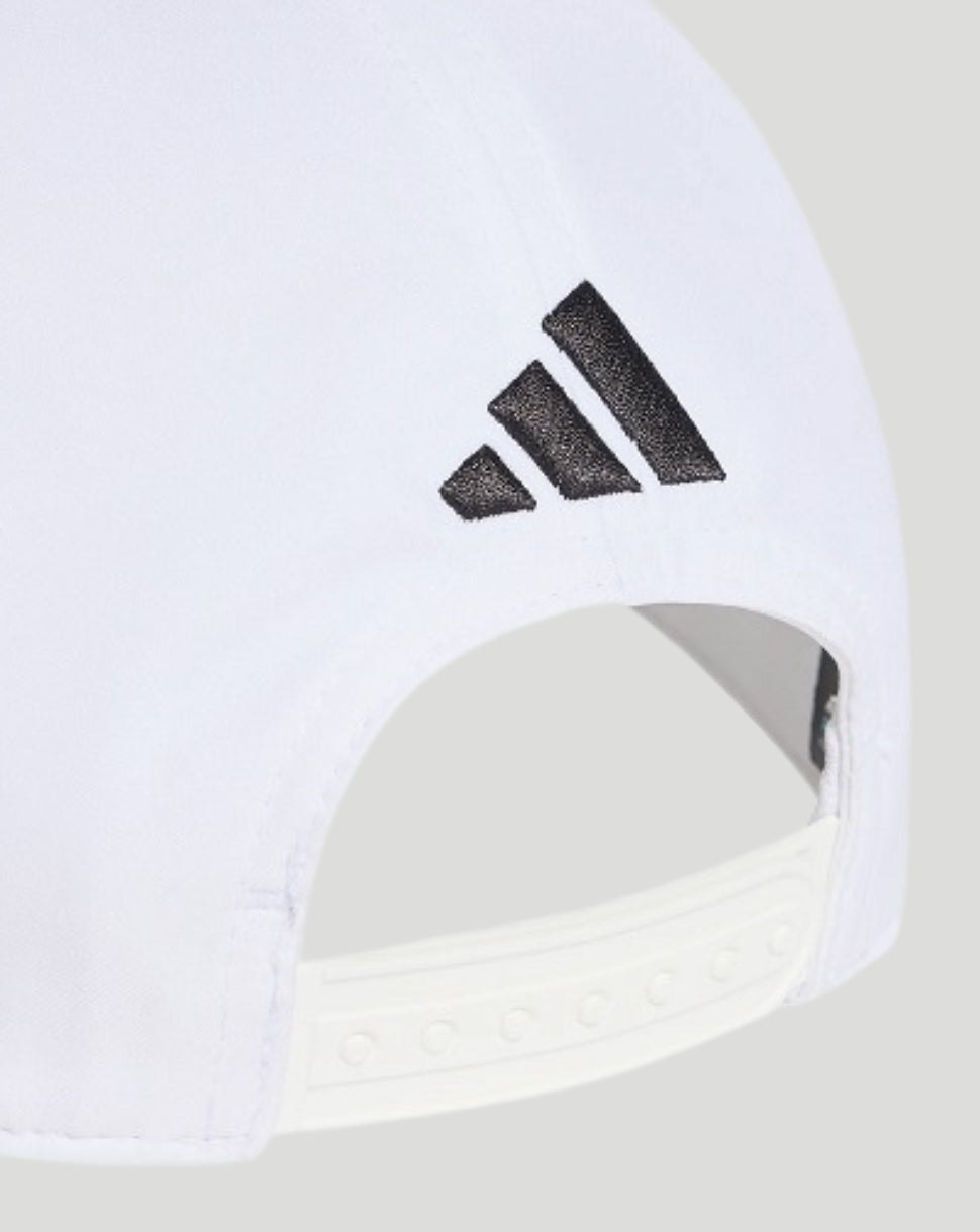 Rear view of a white cap showing a black embroidered logo and an adjustable snap closure.