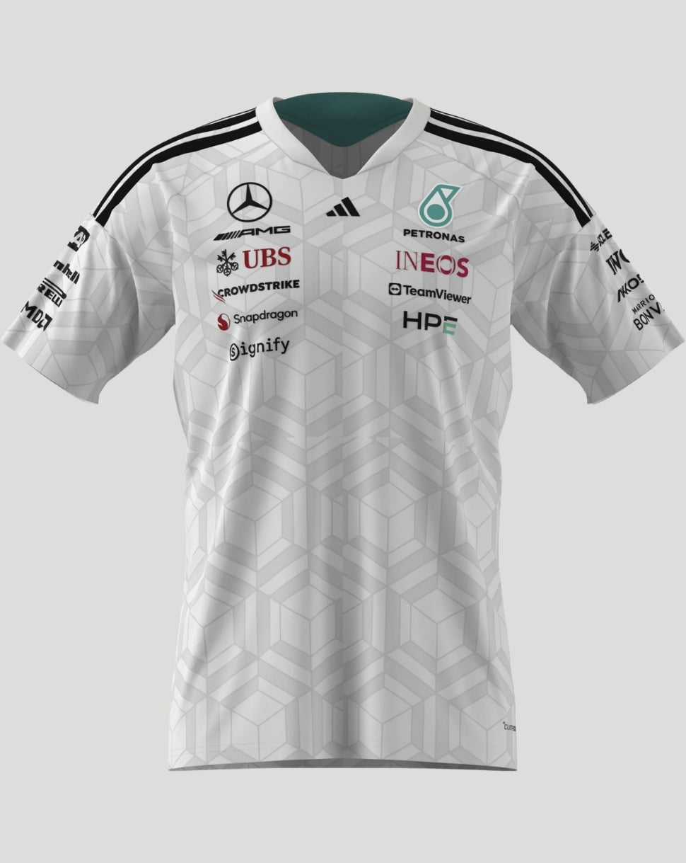 White Mercedes AMG Petronas F1 Team men's driver T-shirt with geometric pattern and sponsor logos on the chest
