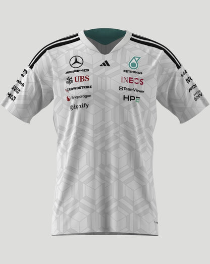 White Mercedes AMG Petronas F1 Team men's driver T-shirt with geometric pattern and sponsor logos on the chest