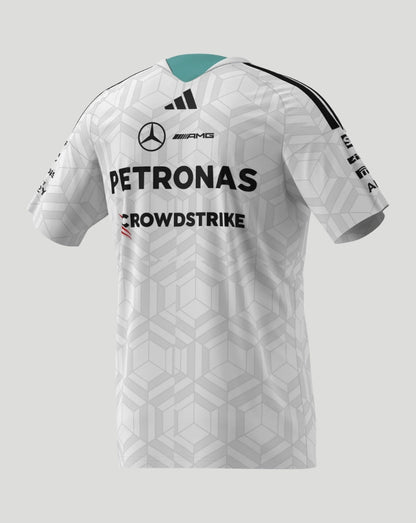 Back view of white Mercedes AMG Petronas F1 Team men's driver T-shirt with PETRONAS and CROWDSTRIKE logos