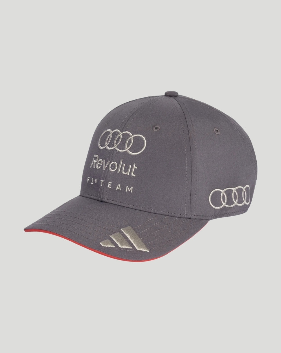 Grey unisex cap with Revolut F1 Team and Audi rings on the front and a red underside on the brim.