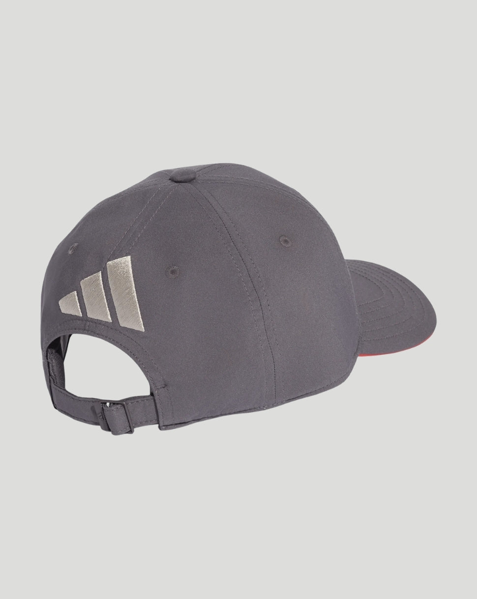Back view of grey Audi Revolut cap with adjustable strap and silver Audi rings on the side.