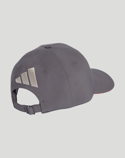 Back view of grey Audi Revolut cap with adjustable strap and silver Audi rings on the side.