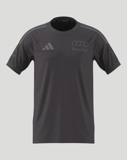 Front view of a grey Audi F1 Team Driver T-Shirt with shoulder stripes and Revolut logo.