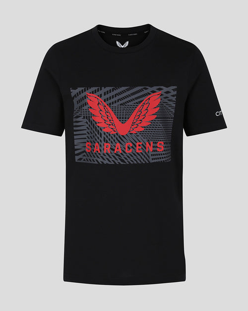 Black Saracens cotton T shirt with red wing crest and Saracens Castore branding on the chest
