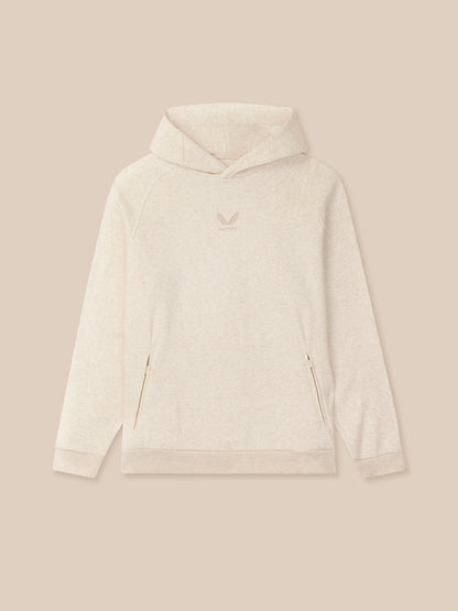 Cream fleece hoodie with front zip pockets and small Castore logo at the center chest.