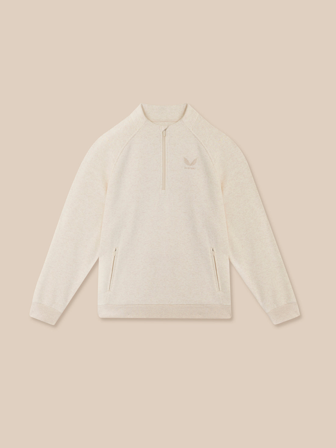 Cream Men's Adapt Cotton Fleece quarter zip sweatshirt with stand collar, left chest Castore logo and zip pockets.