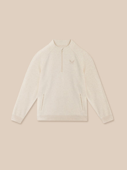 Cream Men's Adapt Cotton Fleece quarter zip sweatshirt with stand collar, left chest Castore logo and zip pockets.