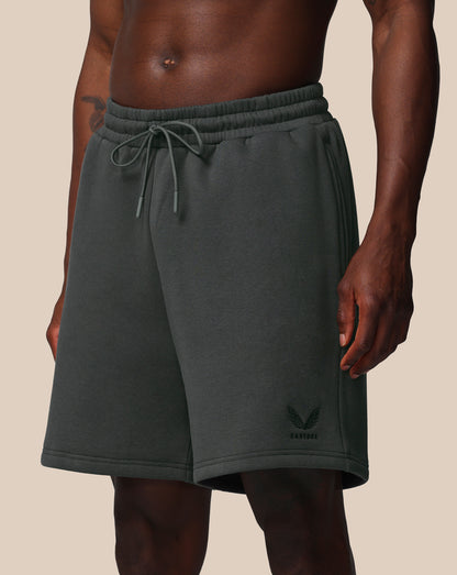 Men’s Adapt Cotton Fleece Shorts in gunmetal with a drawstring waist and Castore logo on the left thigh