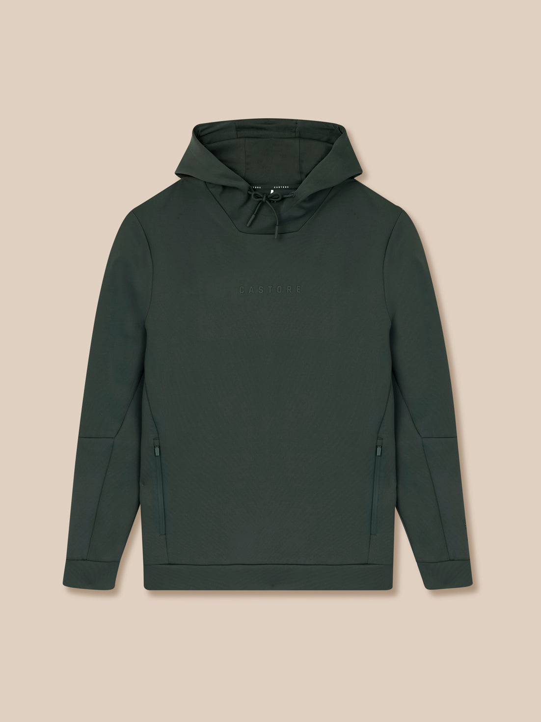 Men’s Flex Long Sleeve Hoodie in dark green with an adjustable hood and Castore logo on the chest