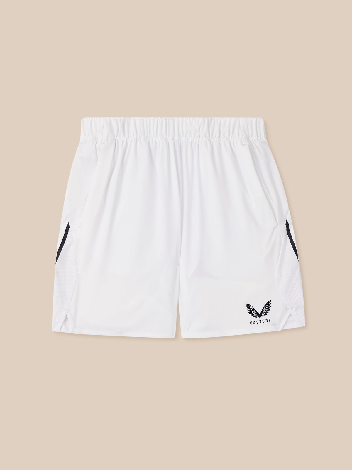 White shorts with black logo on a beige background